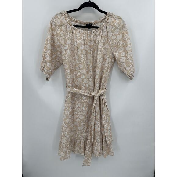 Saks Fifth Avenue Tan/Ivory Floral Linen Belted Dress Size Medium NWT - Picture 1 of 4